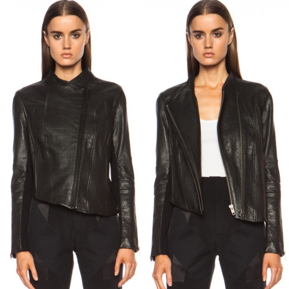 Helmut Lang Black Lamb Leather Motorcycle Jacket with Asymmetrical Zip